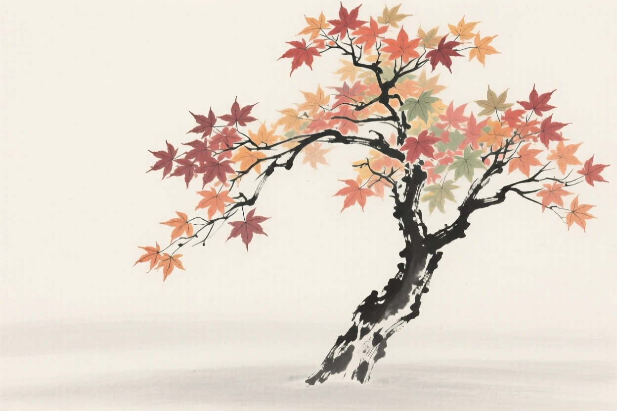 A solitary maple tree in full color against a soft, empty backdrop, set against a soft gradient of misty background, celebrating the fleeting beauty of the season.