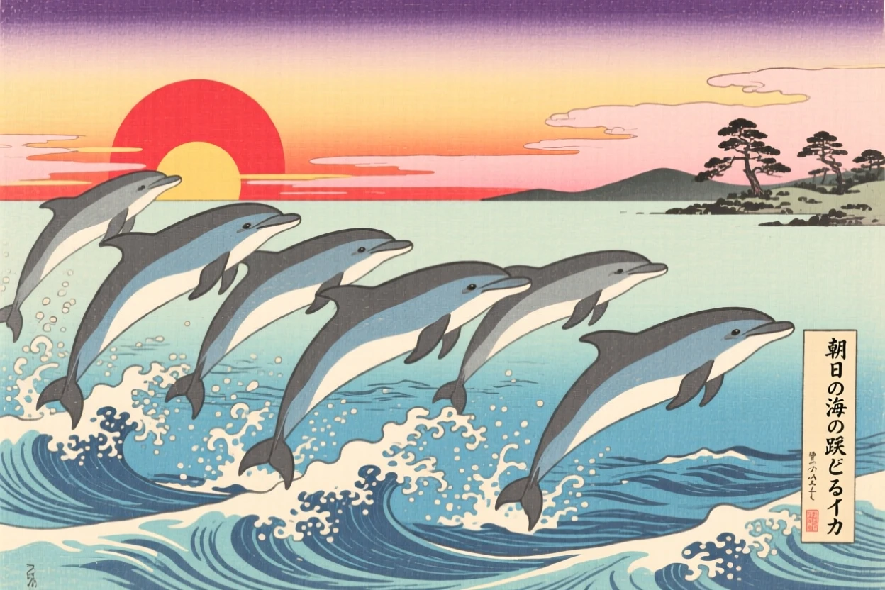 A school of leaping dolphins under a brilliant sunrise, at sunrise.