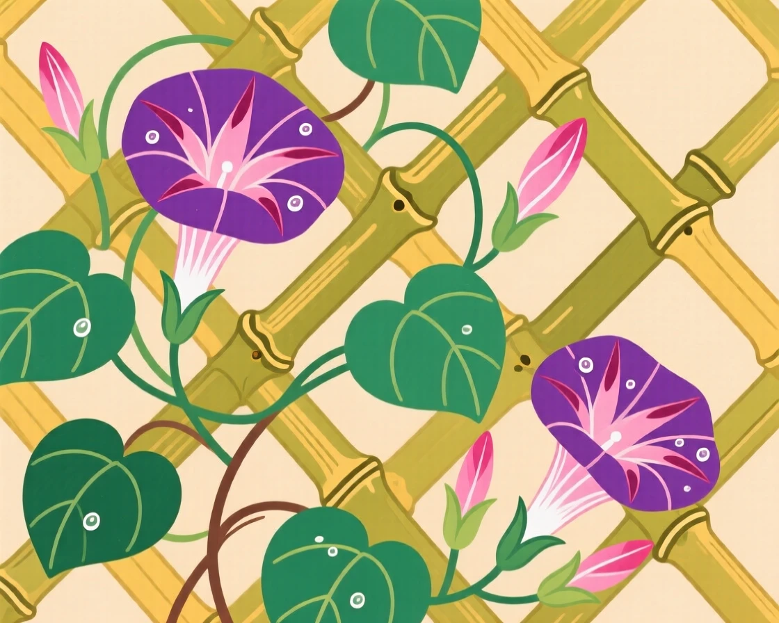 A close view of morning glories climbing a bamboo trellis with dew still clinging to the petals.