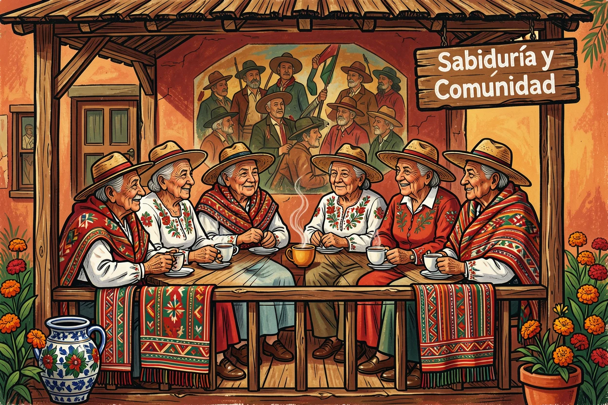 A group of elders sharing tea and conversation on a porch