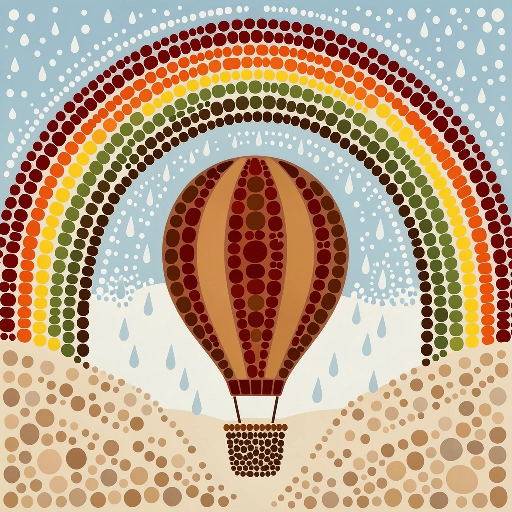 A drifting hot air balloon beneath a rainbow after rain