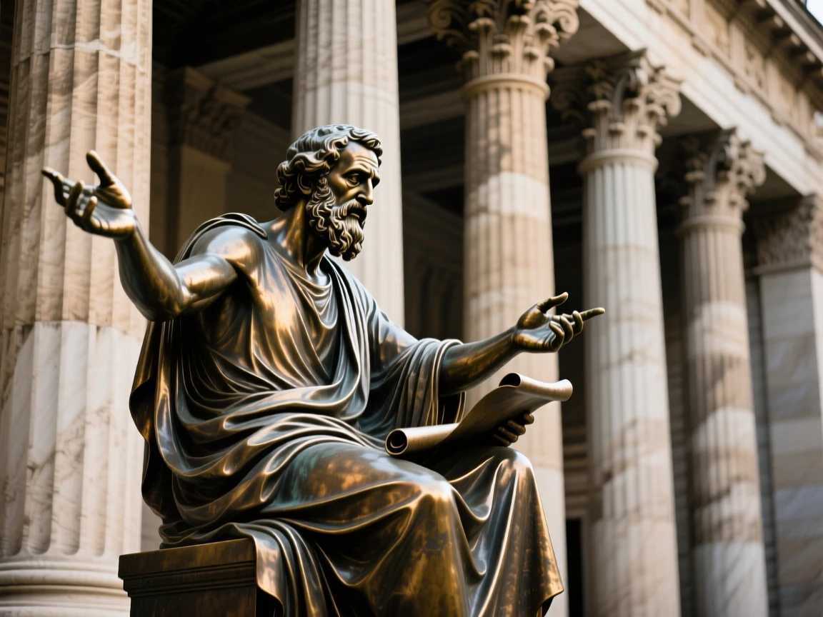 A philosopher debating beneath ancient columns, with intricate, flowing drapery, forming a strong central focal point