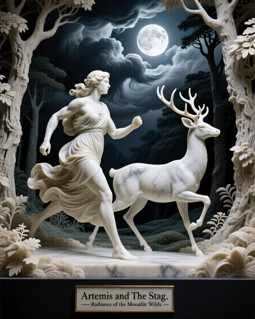 Artemis running alongside a stag through moonlit woods, framed by dramatic storm clouds, radiating power and legend