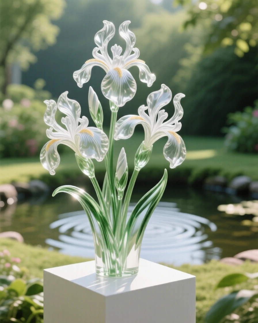 Iris flowers by a pond in a lush garden setting with soft green foliage behind, gentle afternoon light, feeling romantic and inviting.