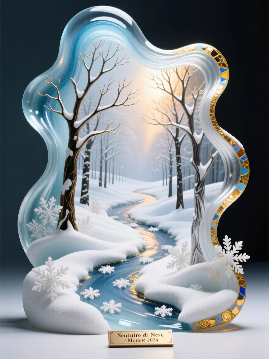 A quiet snow-covered forest path lit by soft winter light, peaceful and magical.