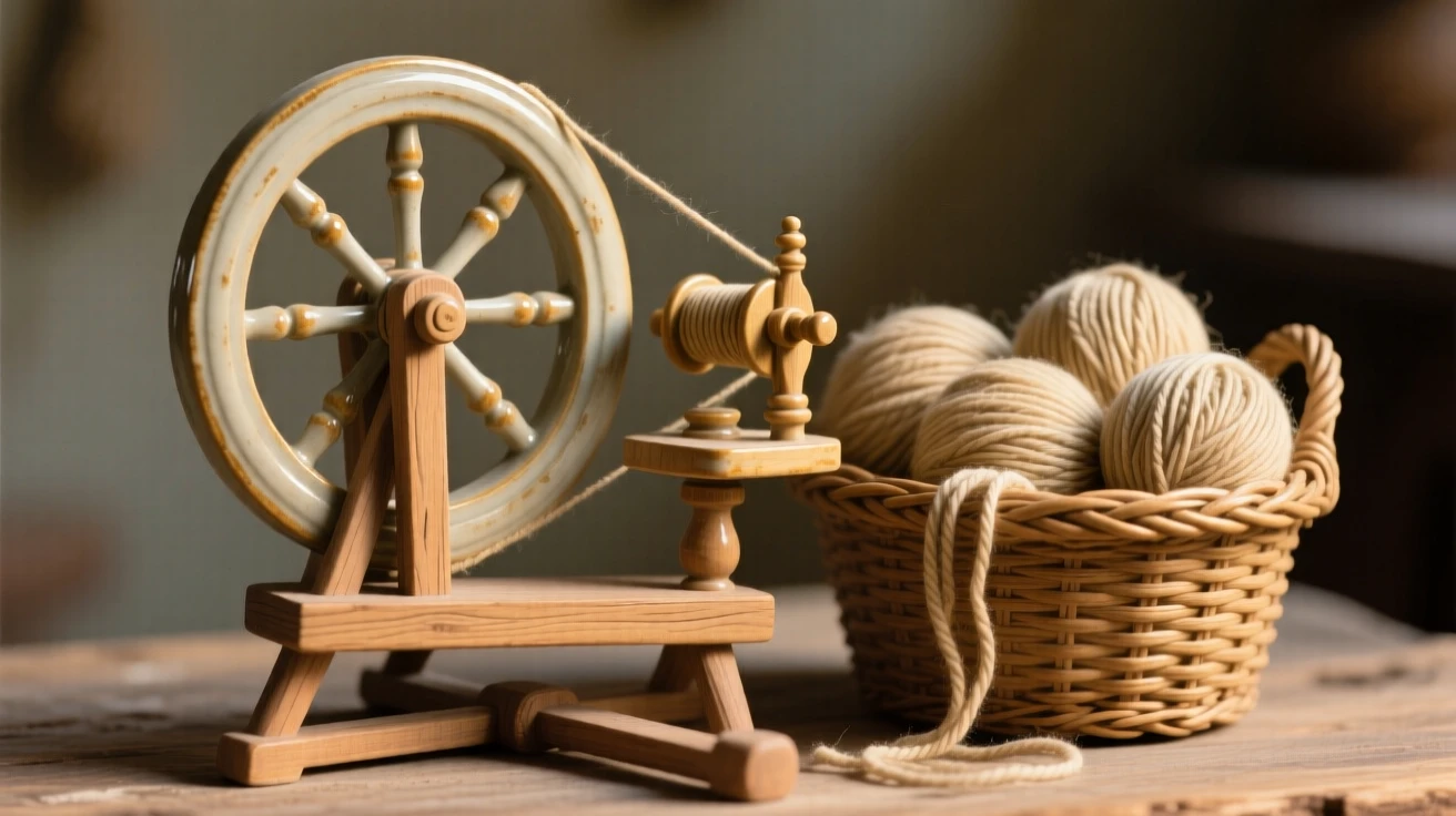 A spinning wheel beside a basket of yarn captured mid-use in a nostalgic tableau, bathed in a nostalgic golden glow, capturing beauty in the overlooked and ordinary.