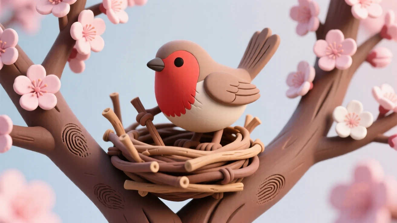 A robin building a nest from twigs in a blossoming cherry tree