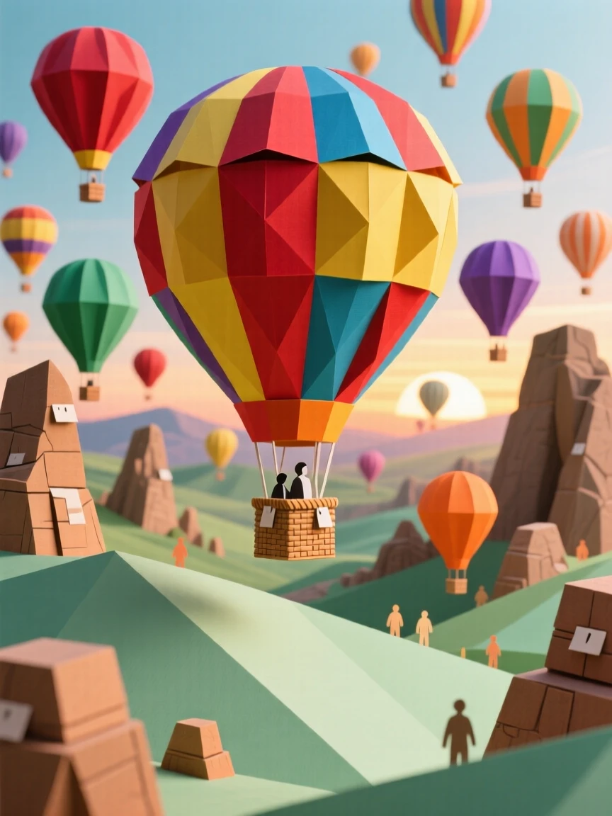 A colorful hot air balloon festival at sunrise over a valley dotted with ancient rock formations, dozens of balloons drifting in the soft morning light, capturing wonder and scale.