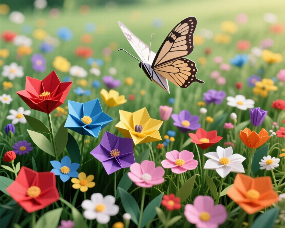 A meadow full of wildflowers in every color, a butterfly mid-flight above the blossoms.
