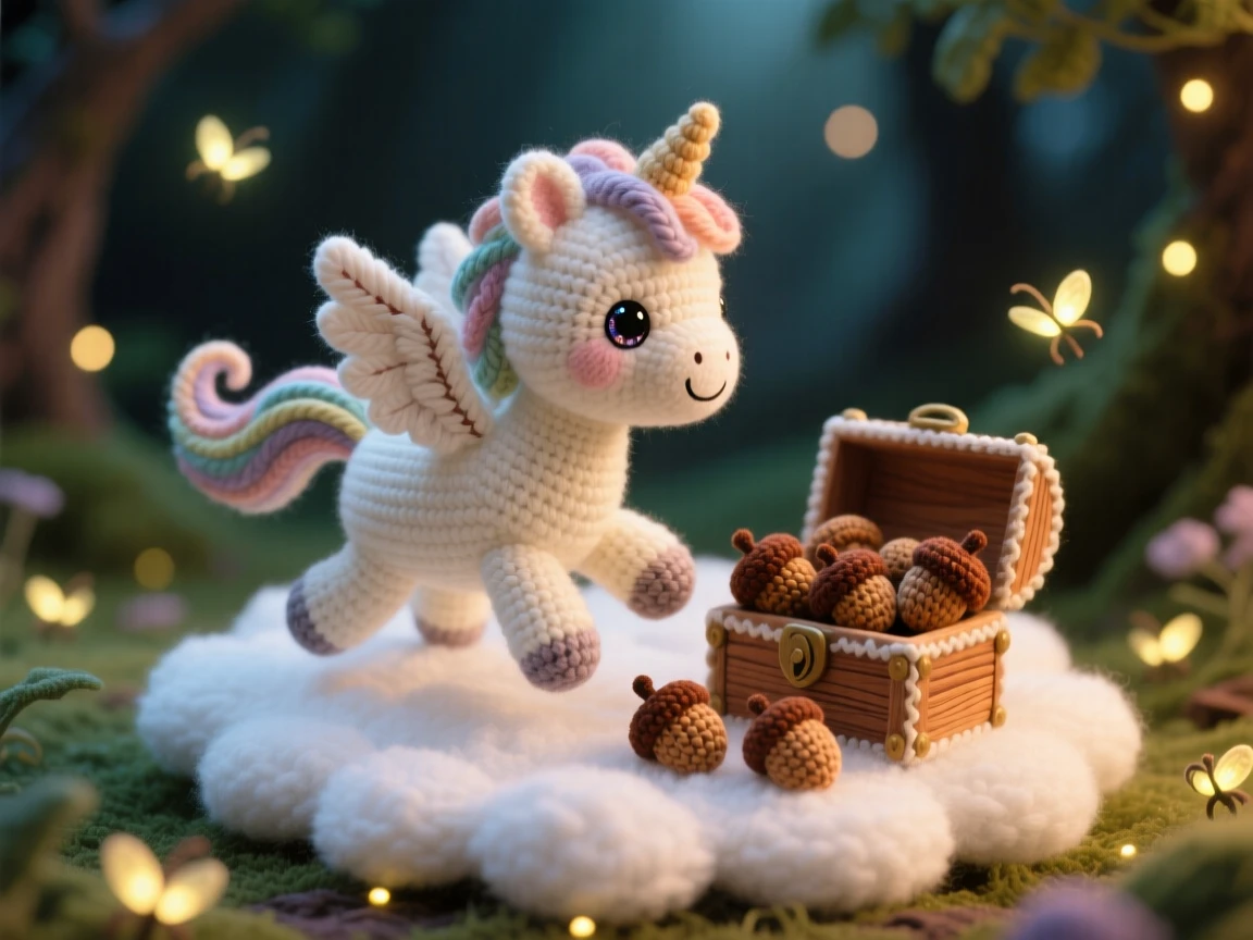 In a hidden glade lit by fireflies, a small baby pegasus with soft feathered wings and a flowing tail is captured galloping above a sea of clouds, surrounded by a small wooden chest overflowing with acorns, filled with a cozy, storybook enchantment.