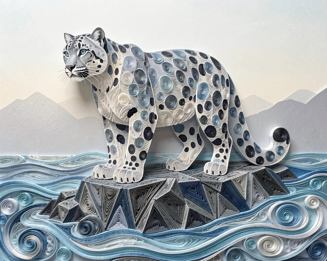 a snow leopard perched on a rocky mountain ledge, surrounded by softly rippling water, shot from a low, powerful ground-level angle, in cool blues and silvers of early dawn.