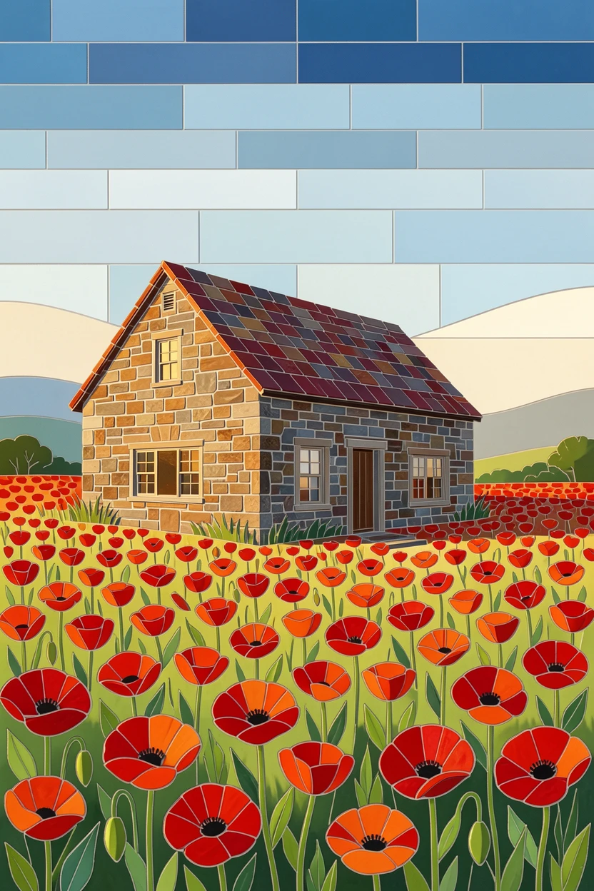 A rustic stone farmhouse surrounded by blooming poppy fields.