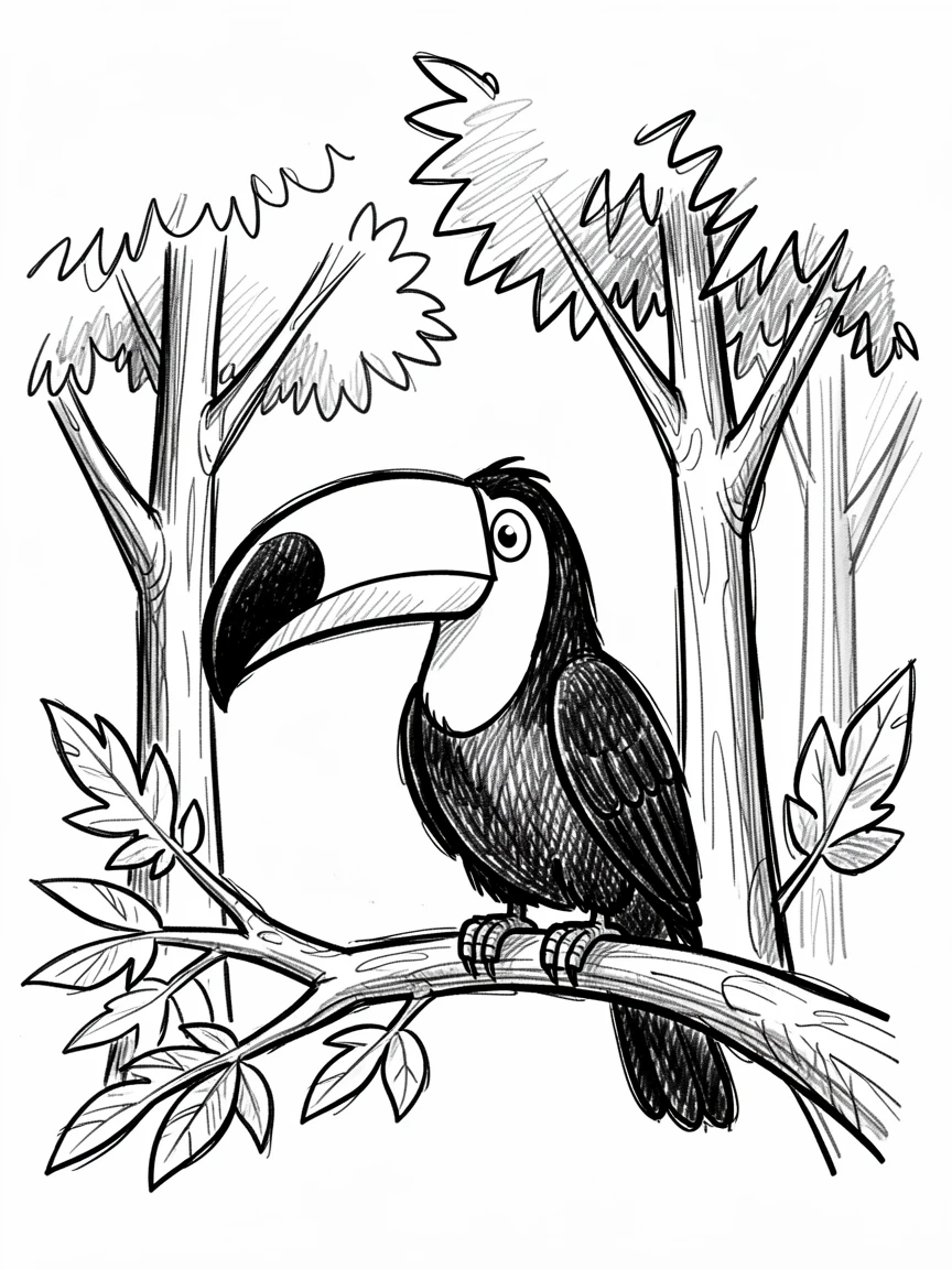 A toucan perched on a branch under a canopy of tall trees.