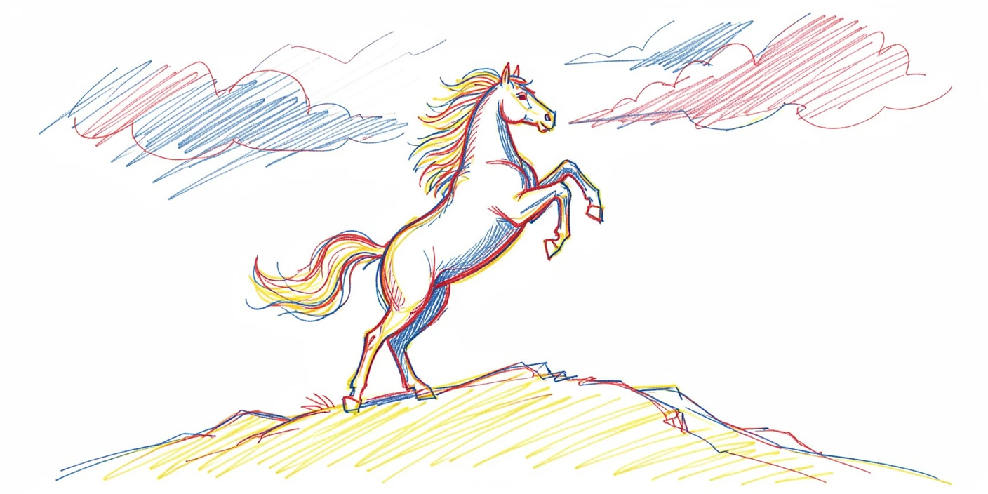 A majestic horse rearing up on a hilltop silhouetted against a stormy sky
