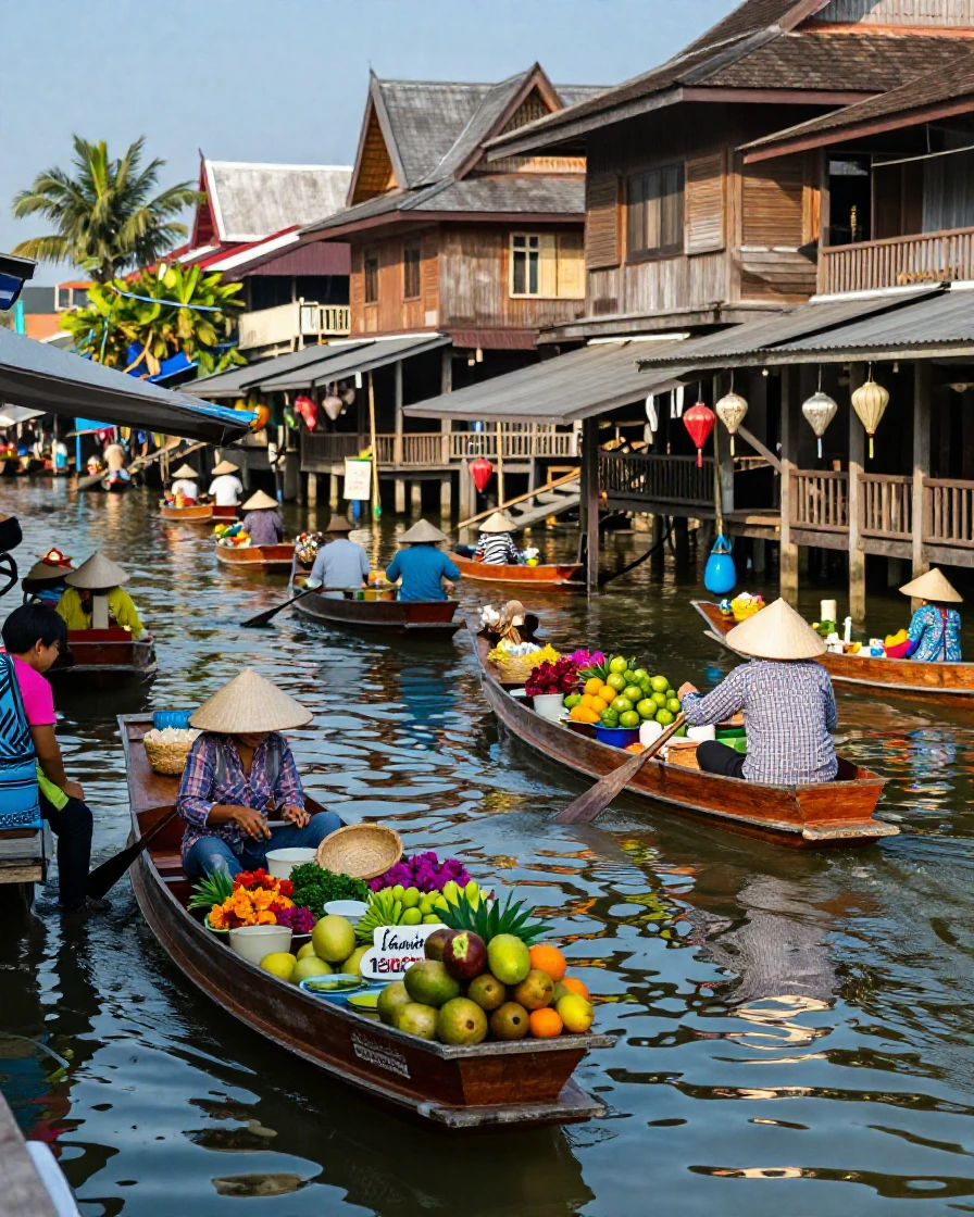 A traditional Thai floating market bustling with boats