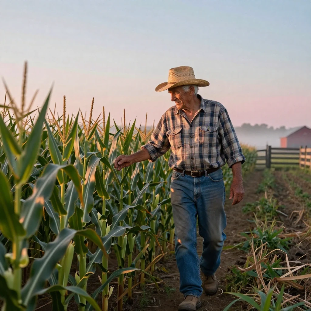 An elderly farmer walks his fields at dawn checking on rows of ripening corn.