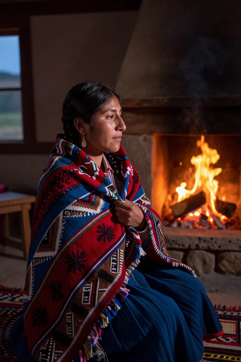 A young Peruvian dancer wrapped in a thick woolen blanket beside a crackling fireplace at dusk