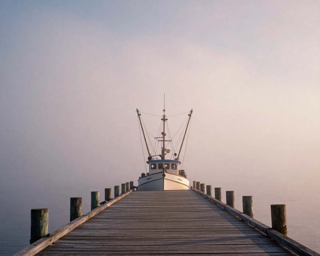A fishing boat emerging slowly from dense harbor fog, in gentle diffused daylight, in thick rolling fog, in the mild days of early autumn, in soft muted pastels, framed symmetrically down a long corridor.