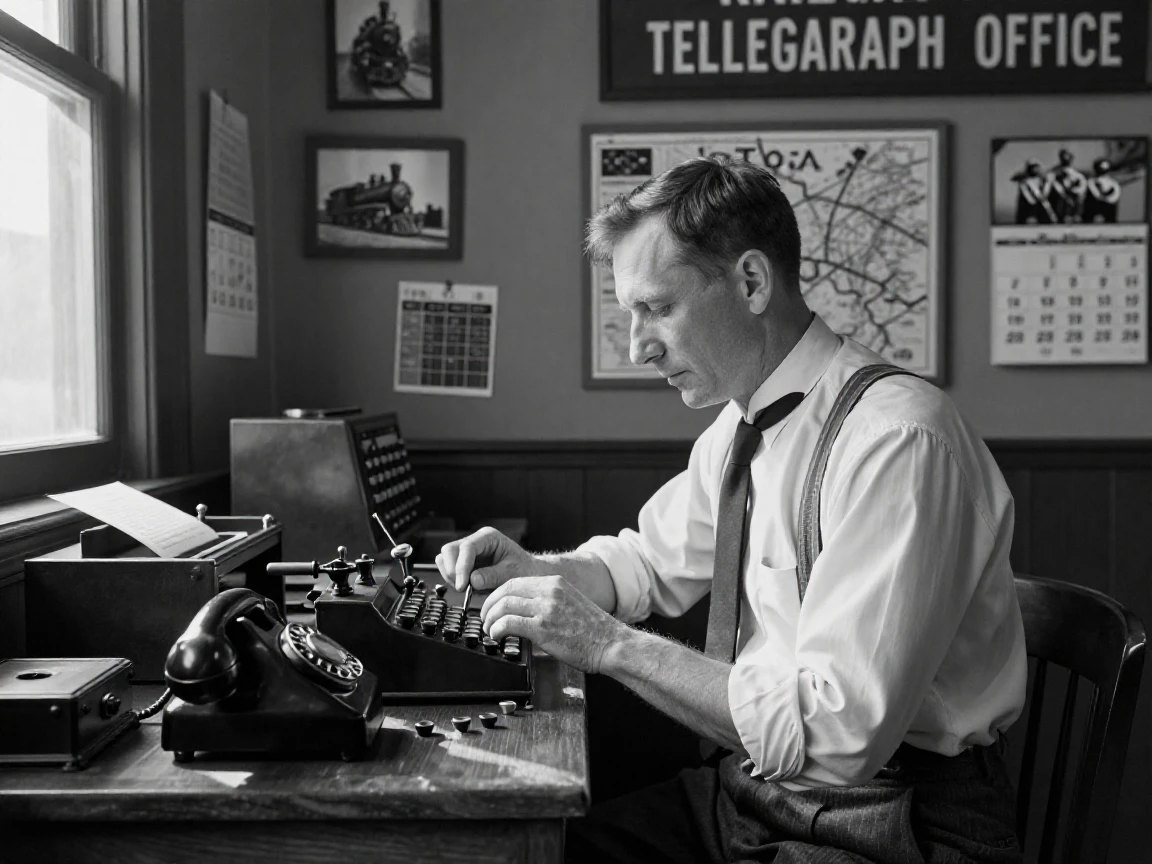 A telegraph operator taps out a message in Morse code inside an old railway office.