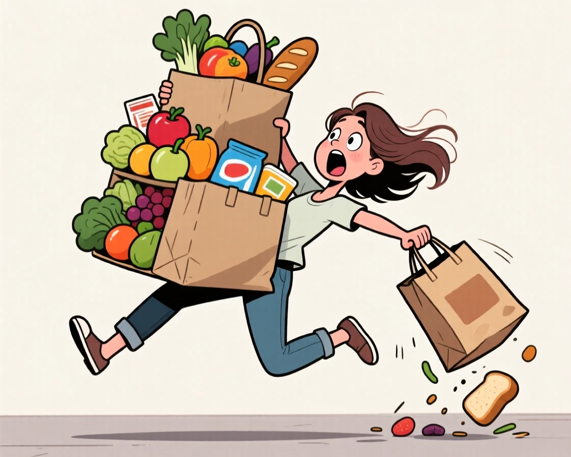 A funny expressive moment showing a woman balancing an enormous stack of grocery bags, one final bag slipping from her fingertips.
