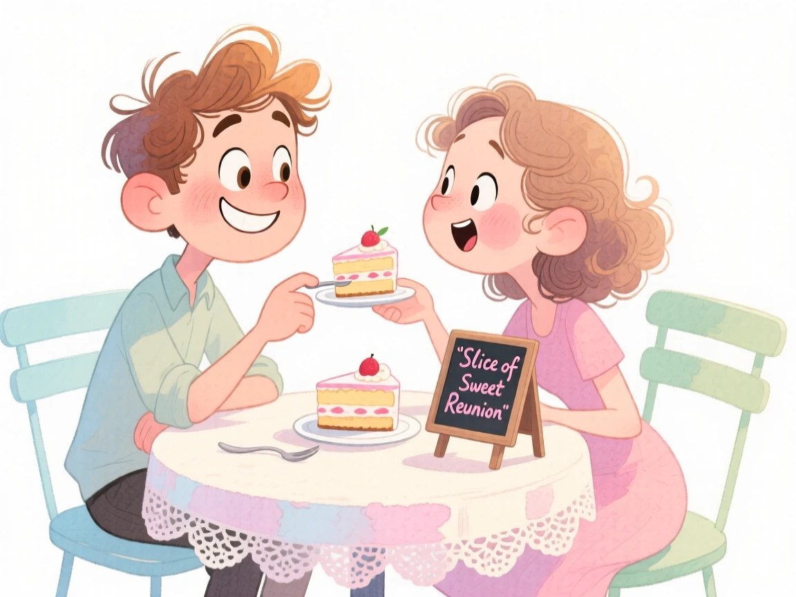 A couple reuniting after time apart sharing a slice of cake at a small café table