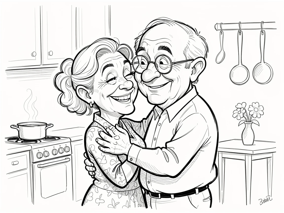 [Family & Relationship Moments] Heartwarming scene of grandma and grandpa slow dancing in the kitchen while dinner simmers, radiating love and warmth