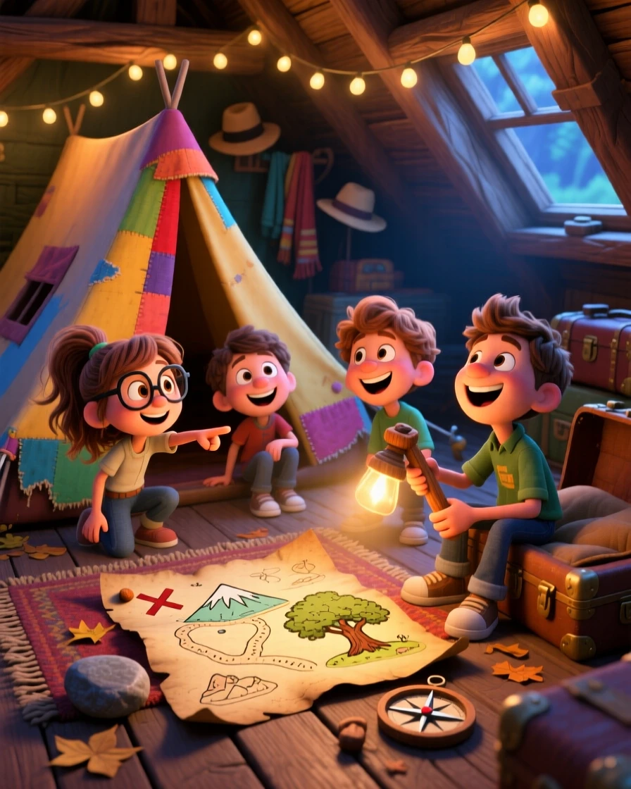 A group of friends camping in a backyard tent takes place in an attic filled with dusty old trunks, with a handmade treasure map spread out nearby. The atmosphere feels fun, spirited, and full of laughter.