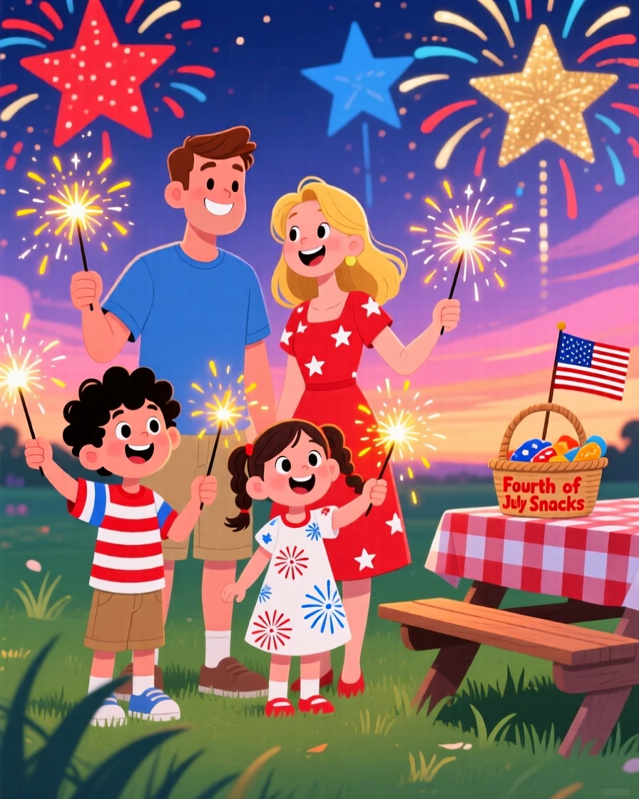 A family lighting sparklers on a warm Fourth of July evening.