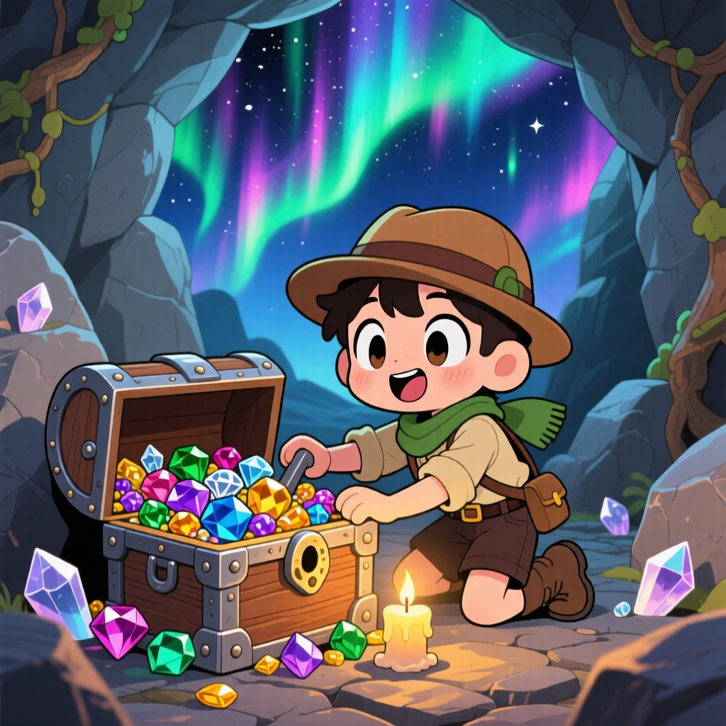 A treasure hunter prying open an old chest overflowing with gems in a hidden cave beneath swirling aurora-lit skies; gentle candlelight washes over the scene as gentle surprise fills the moment. Wide establishing shot.
