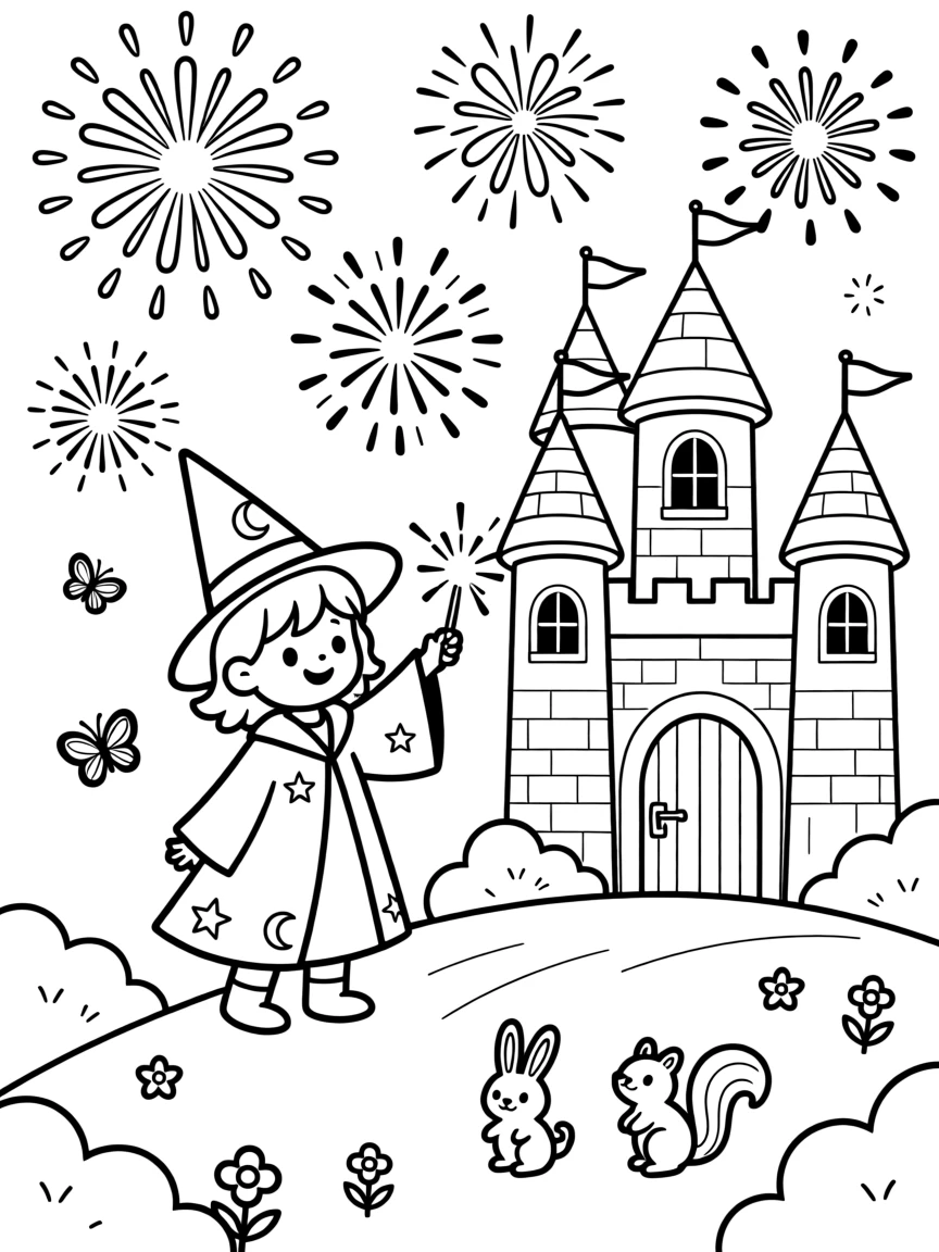 A wizard conjuring fireworks over a castle at night