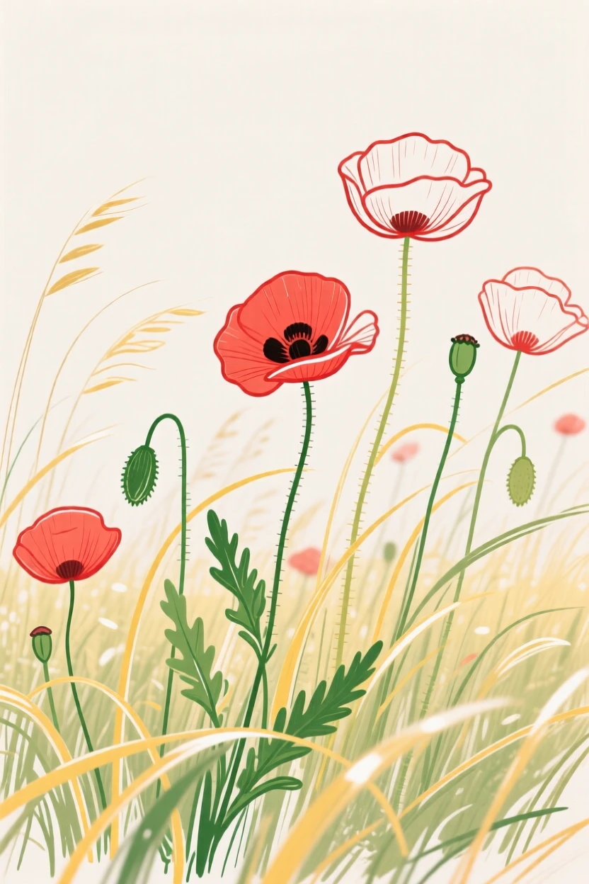 A meadow of poppies swaying in the breeze.