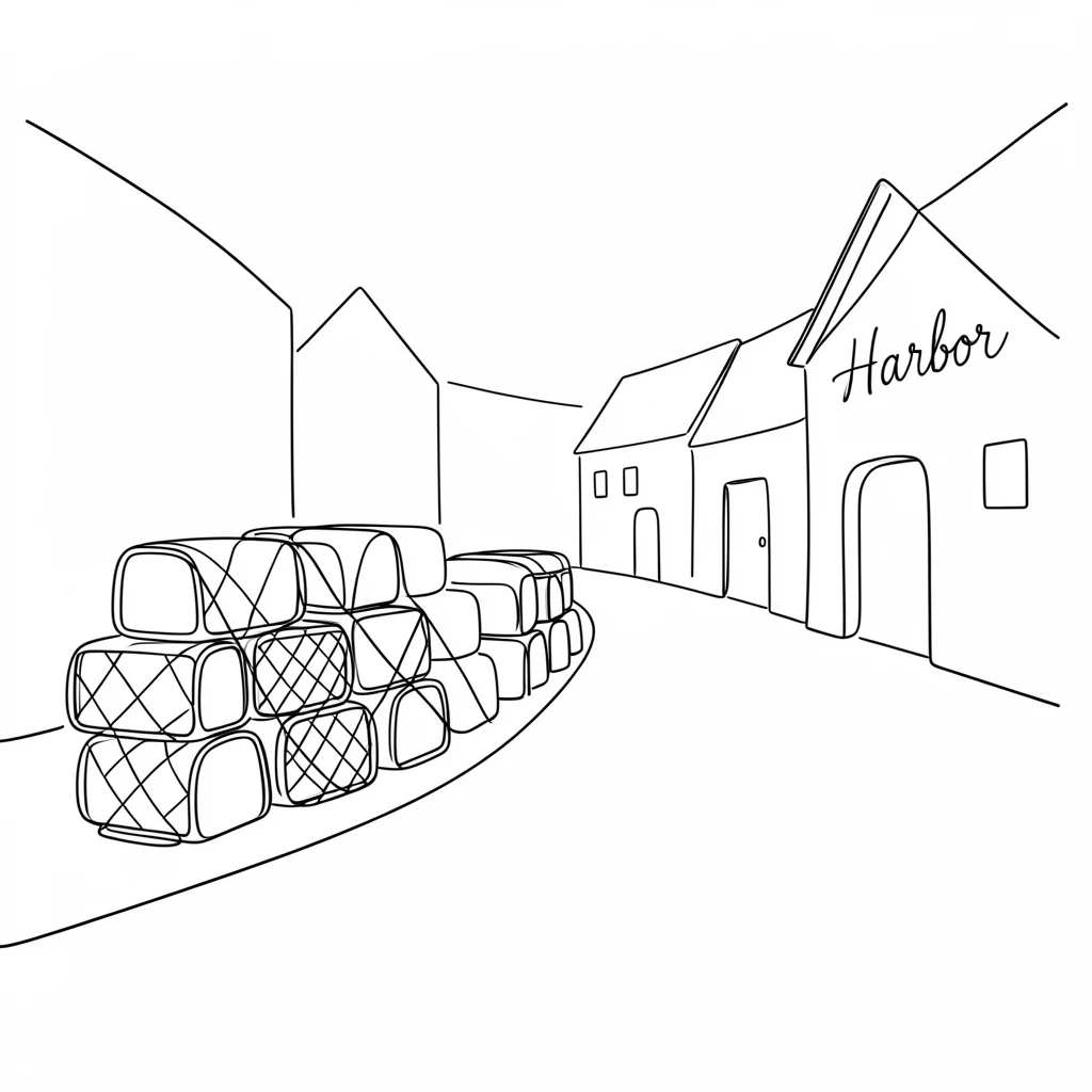A quiet harbor town street lined with fishing nets and lobster traps