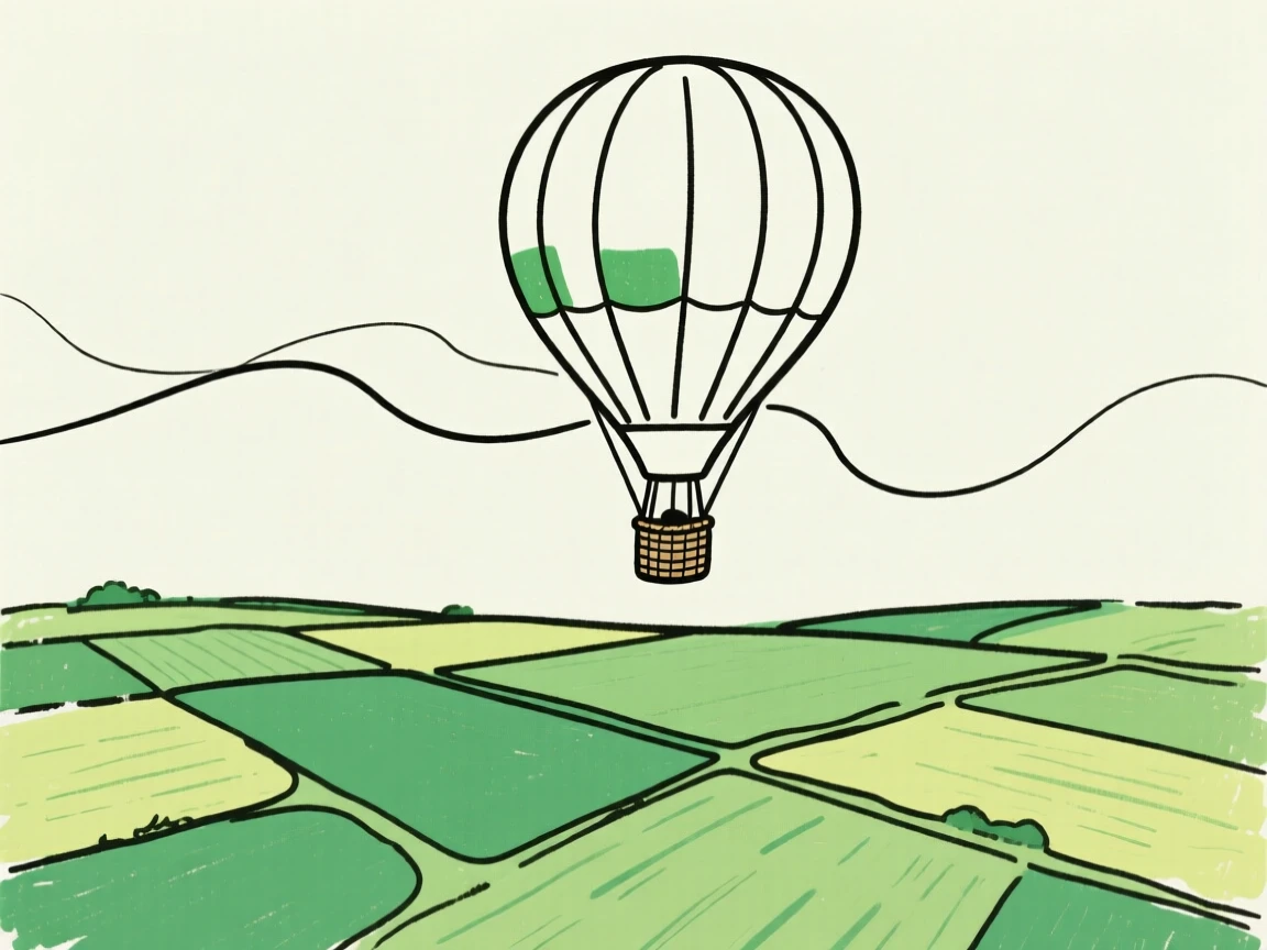 A hot air balloon drifting over a patchwork of green farmland.