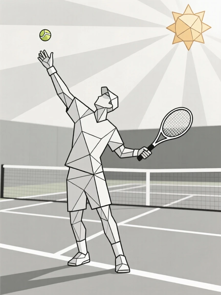 A tennis player serving on a sunlit court