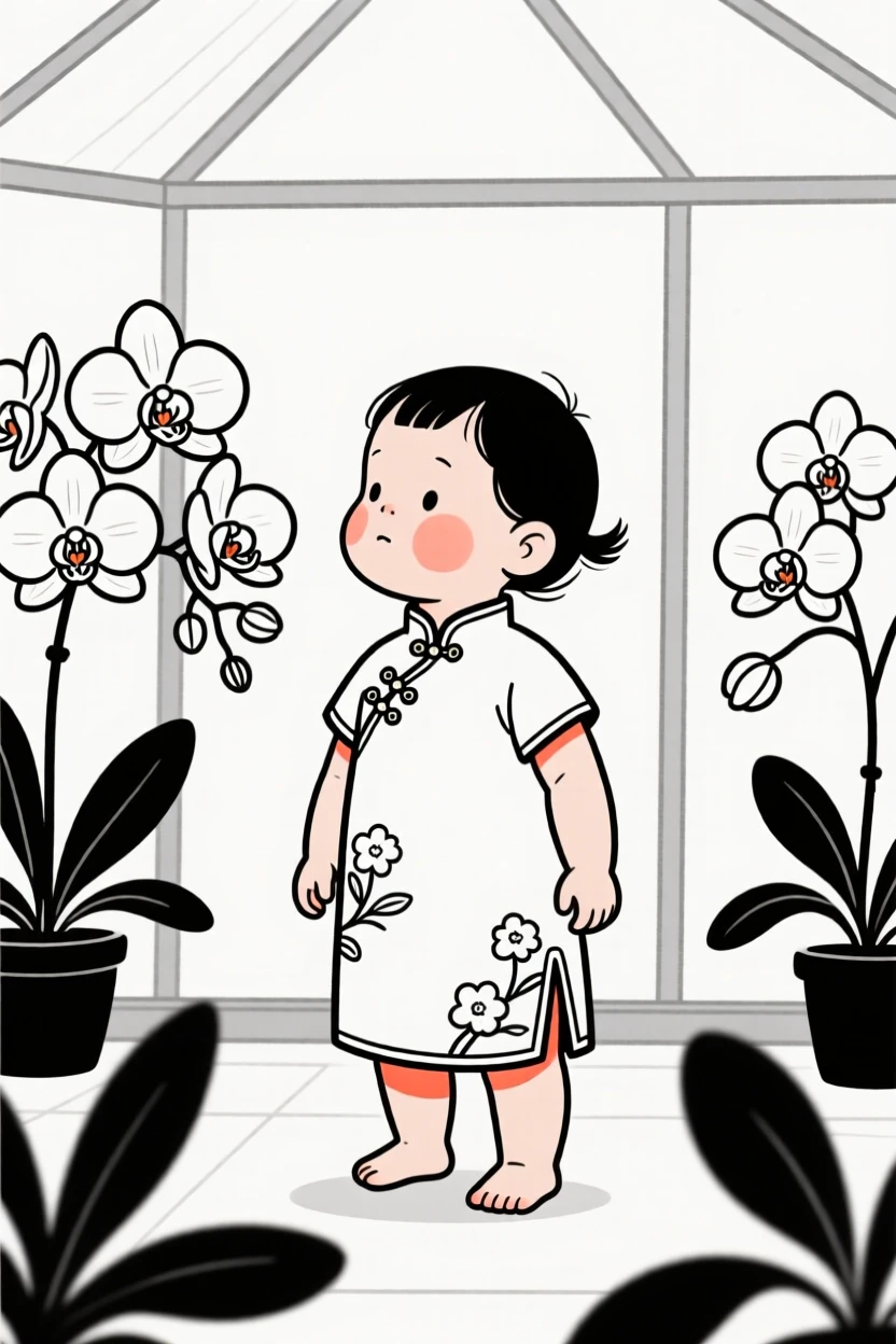 A wobbly toddler of Brazilian heritage wearing a Chinese qipao, gazing thoughtfully into the distance, in a greenhouse full of orchids.