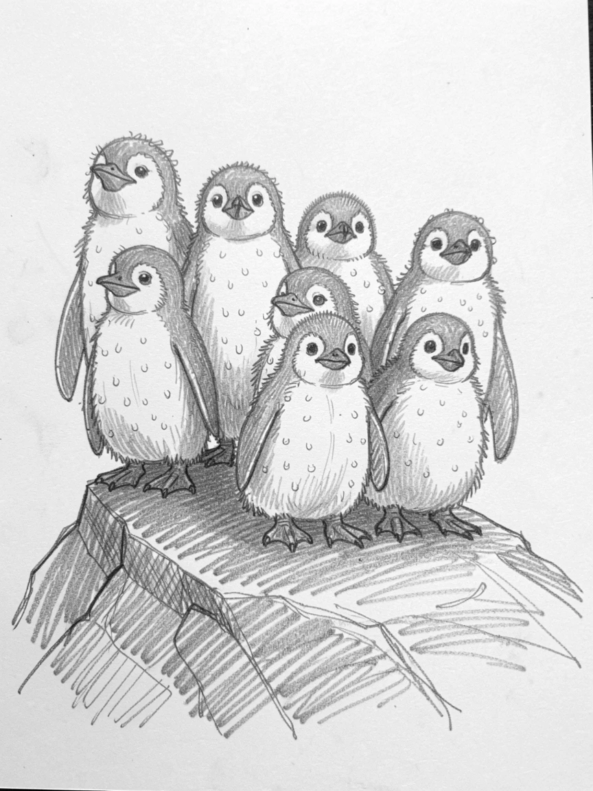 A group of penguin chicks standing proudly atop a rocky outcrop, with dew drops sparkling on its fur.