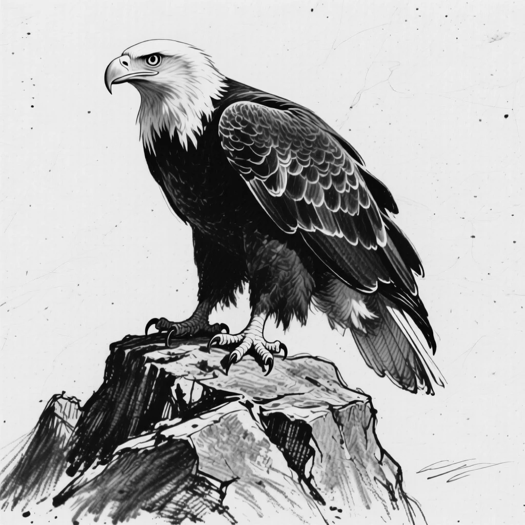 A bald eagle standing alert atop a rocky outcrop.