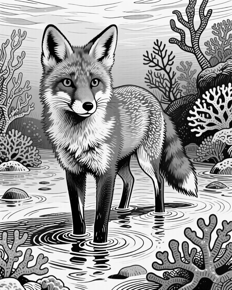 A curious red fox in the shallows of a coral reef, eyes alert and watchful, capturing a tender and protective moment in nature with a strong, centered focal point.