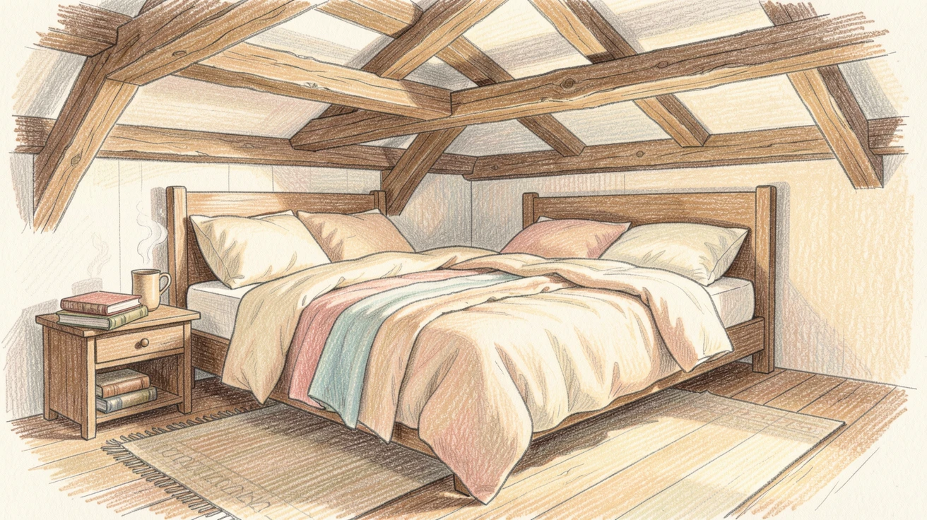 A cozy loft bedroom with exposed wooden beams and soft linens, with soft shadows and a gentle, lived-in charm, capturing the simple joys of home and hearth.
