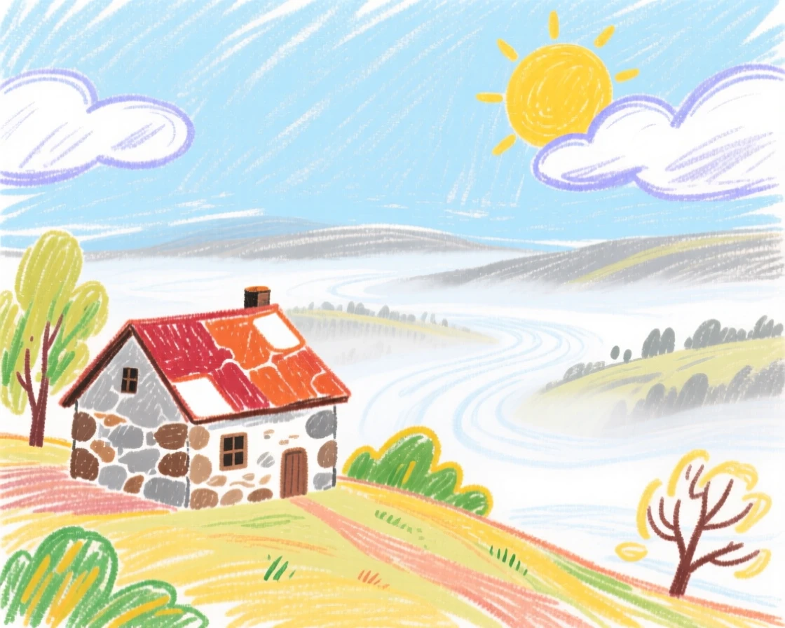 A stone farmhouse overlooking a valley filled with morning mist.