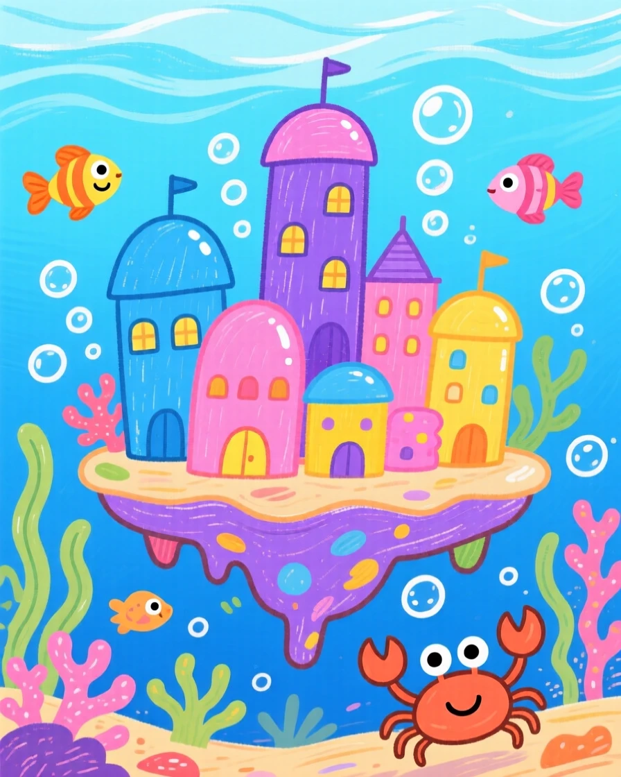 An underwater city glowing with soft blue light.