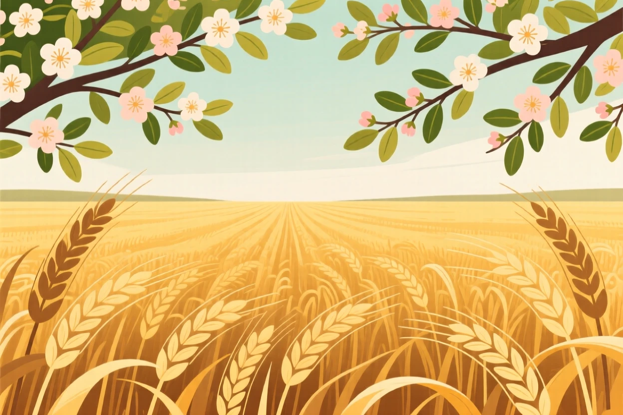 A field of golden wheat rippling in the wind, beneath a canopy of blooming branches, composed with strong leading lines drawing the eye inward, with delicate textures visible in every leaf and petal.