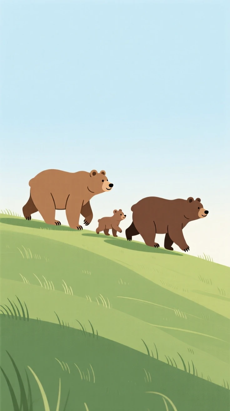 A family of bears walking together along a grassy hillside.