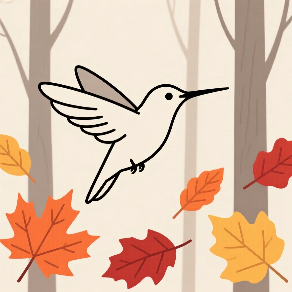 A curious hummingbird pausing in an autumn woodland, with scattered autumn leaves in the background, radiating protective warmth.