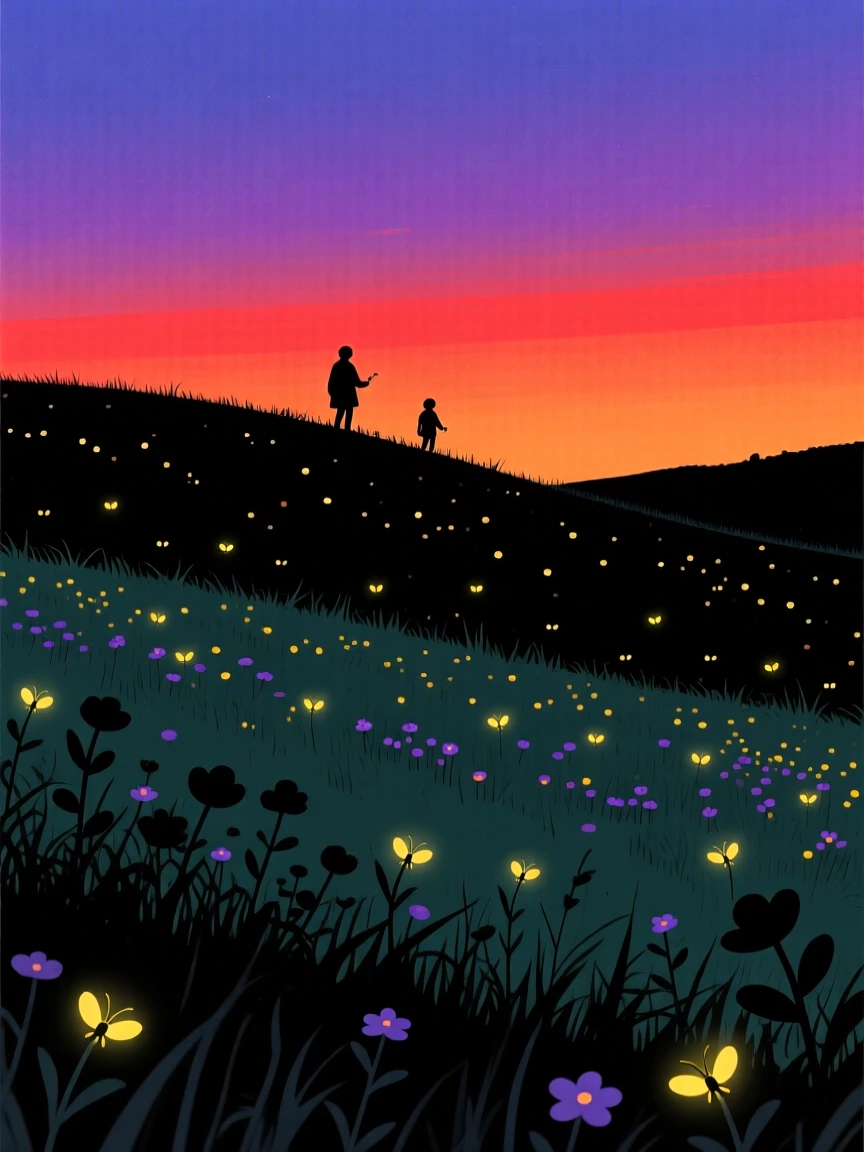 A meadow filled with fireflies glowing at dusk.