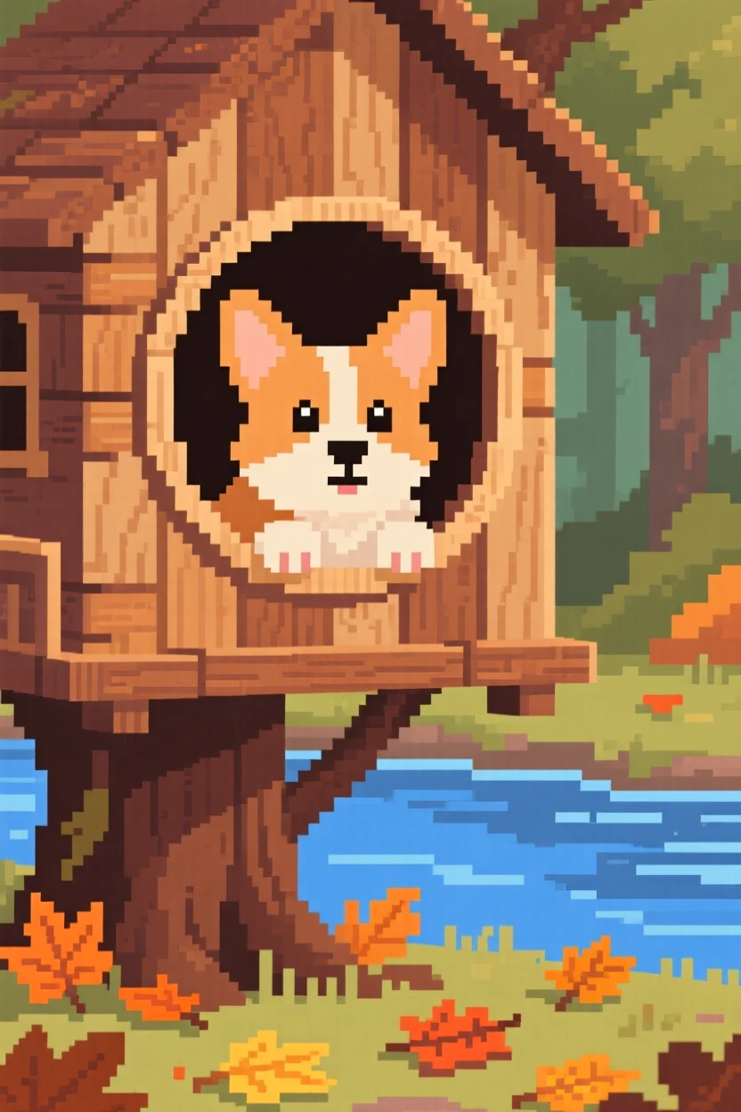 A fluffy corgi puppy peeking through a round window of a treehouse, on a riverbank scattered with fallen leaves.