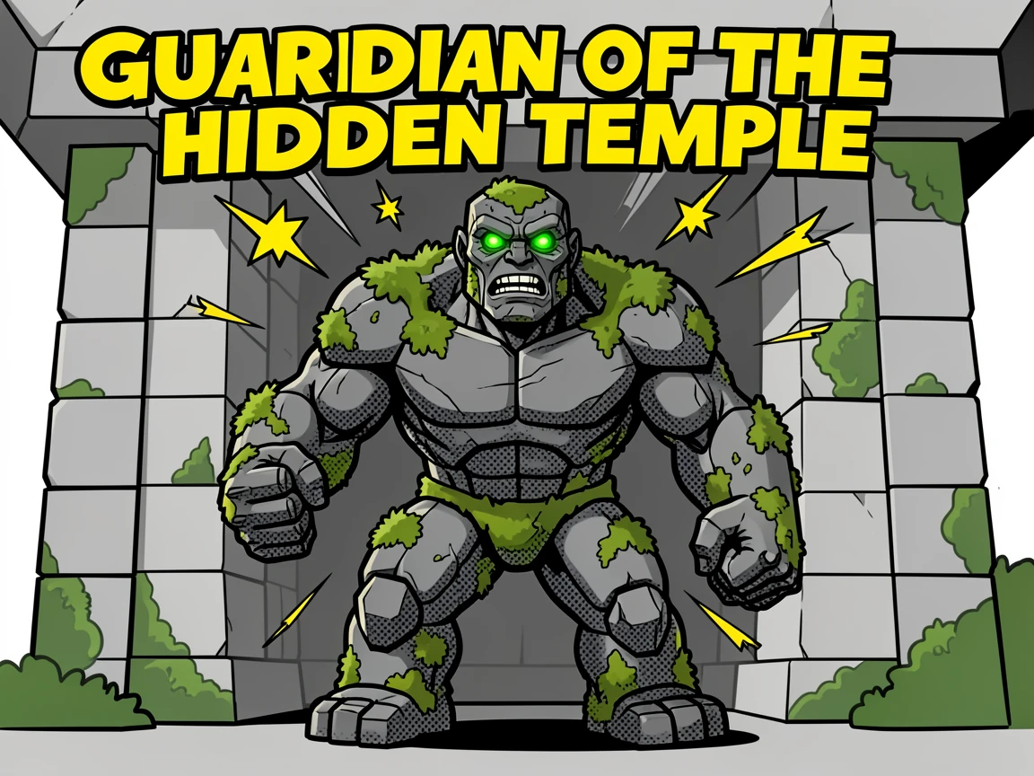A golem made of stone and moss guarding a hidden temple
