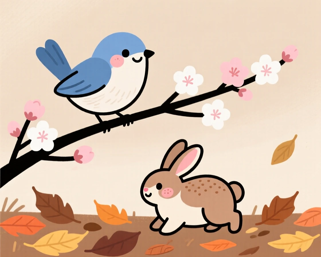 A bluebird perches on a blossoming branch, fluffing its wings while a rabbit moves quietly through the fallen leaves below.