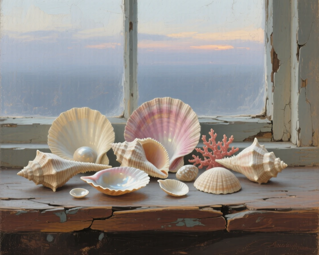 A centered composition of a collection of seashells arranged on a windowsill, in the pale light of early evening.