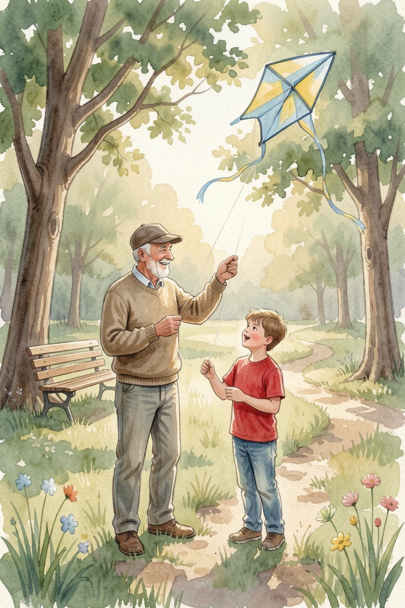 A grandfather and grandson flying a kite in the park surrounded by a comforting, familiar setting.